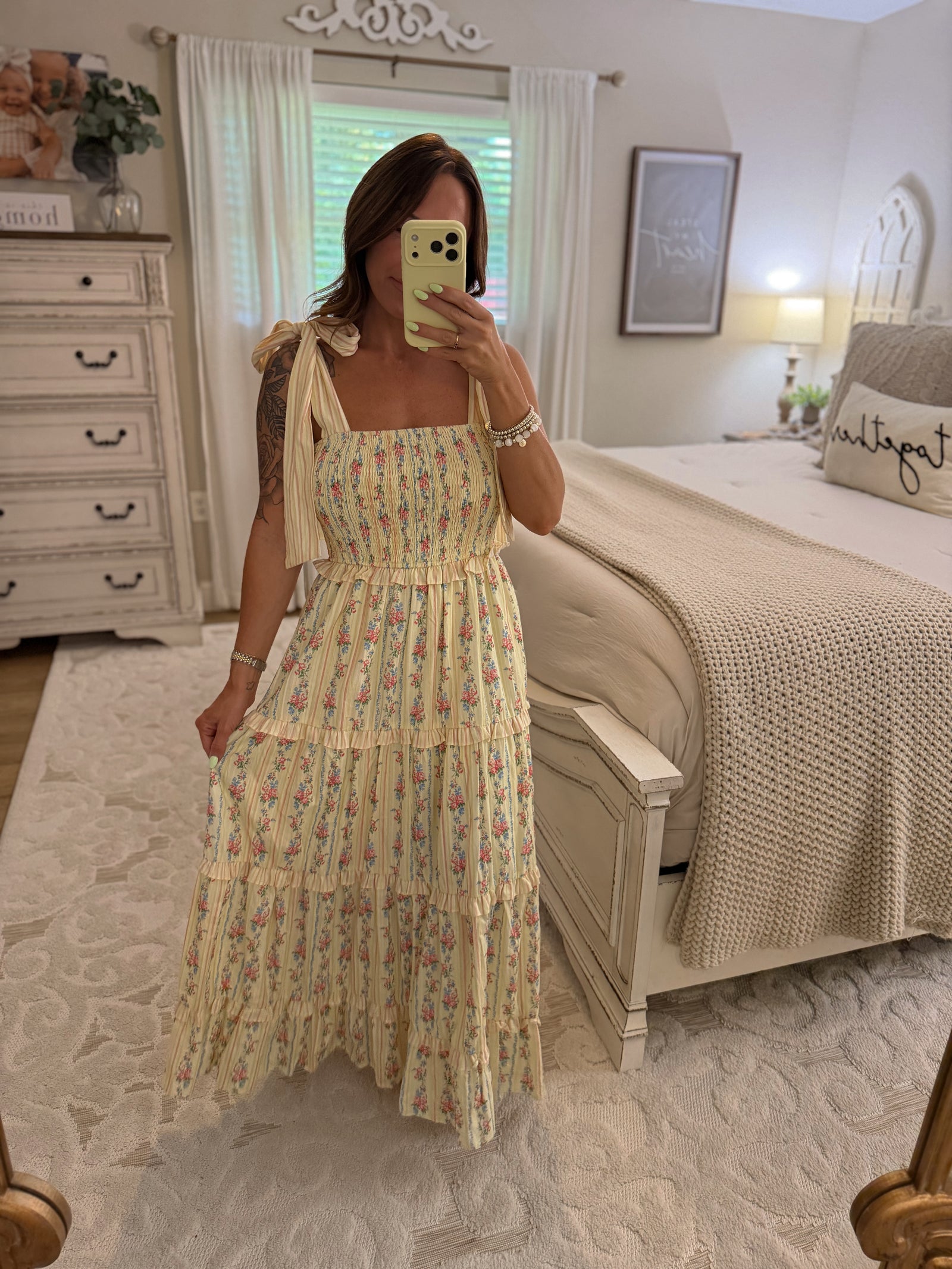 Penni Stripe & Floral Print Bowtie Tiered Maxi Dress