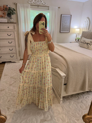 Penni Stripe & Floral Print Bowtie Tiered Maxi Dress