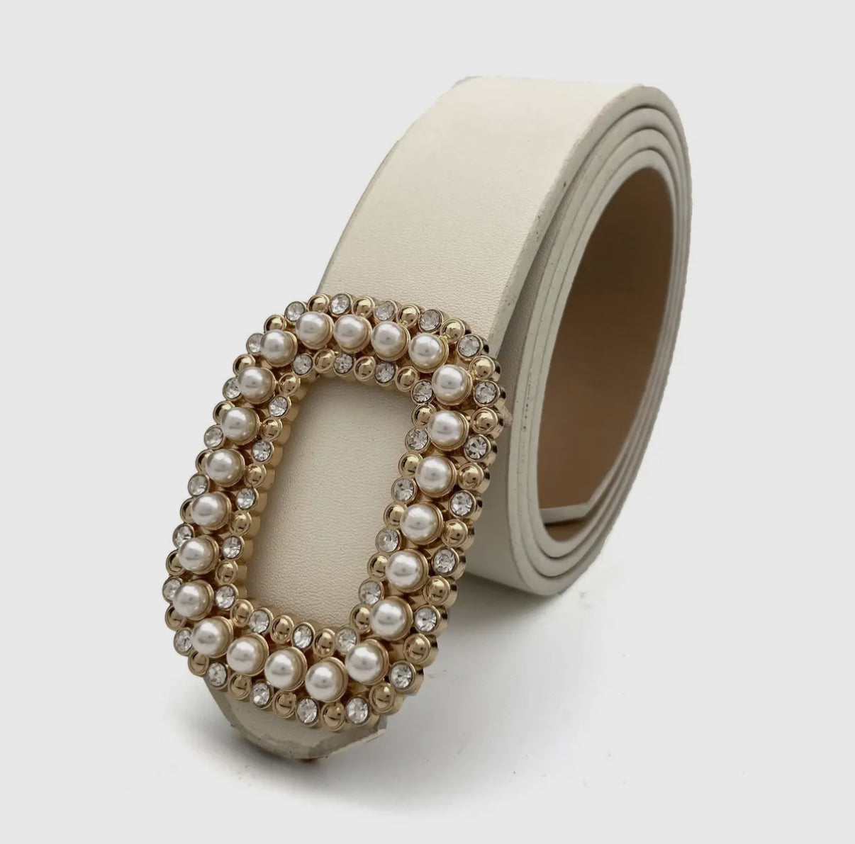 Round Pearl & Rhinestone Buckle Belt - Beige