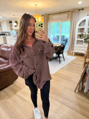 Sandi Stonewashed Oversized Knit Shacket - Brown