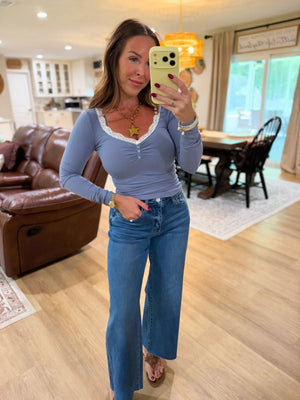 Anna Lace Trim Long Sleeve Henley Top - Slate Blue