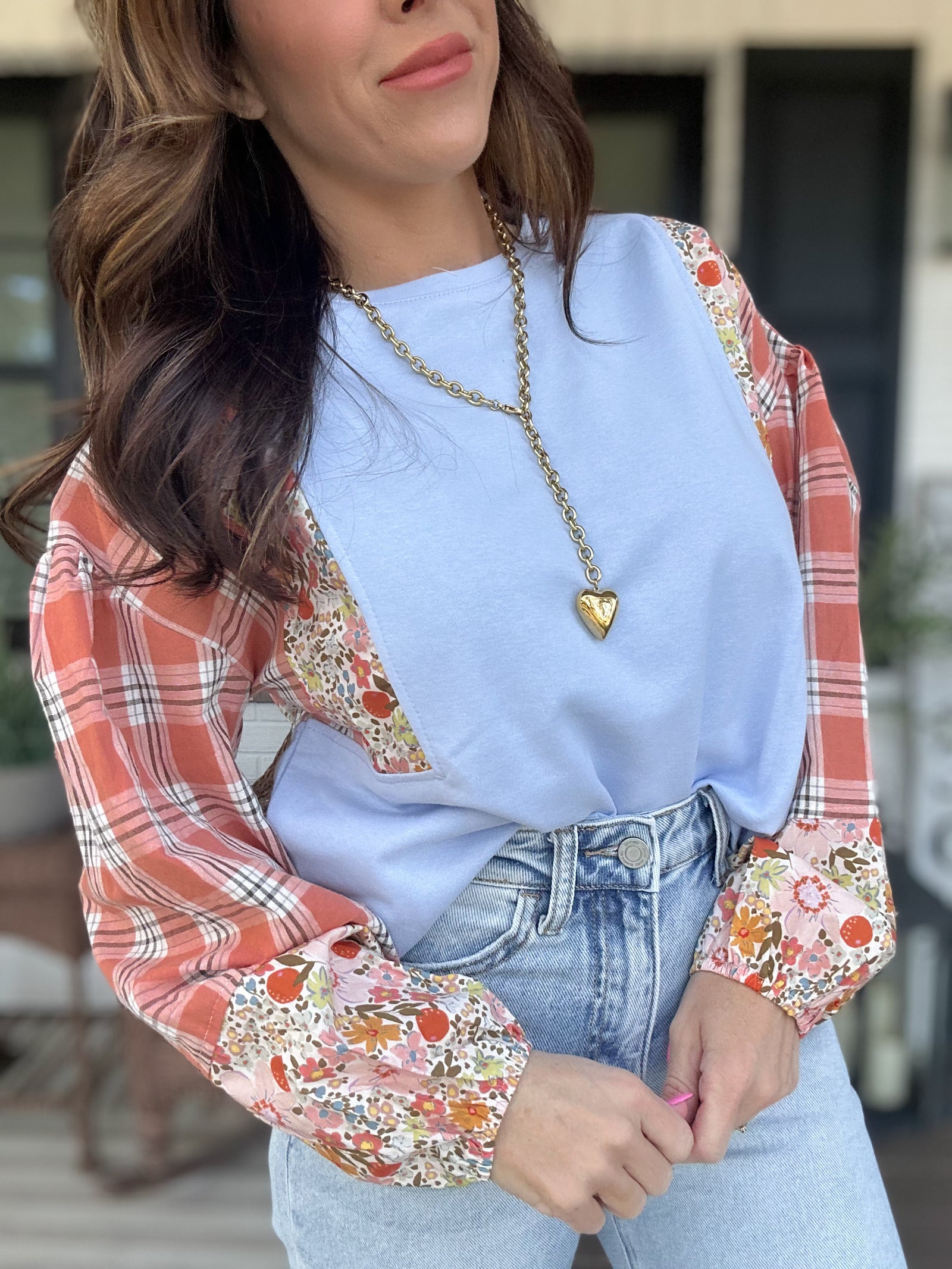Kelli Flower Plaid Bubble Sleeve Top