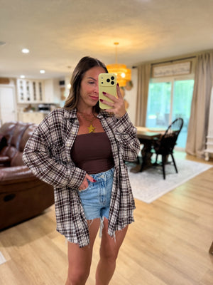 Sterling Plaid Collared Button Down Distressed Top - Brown