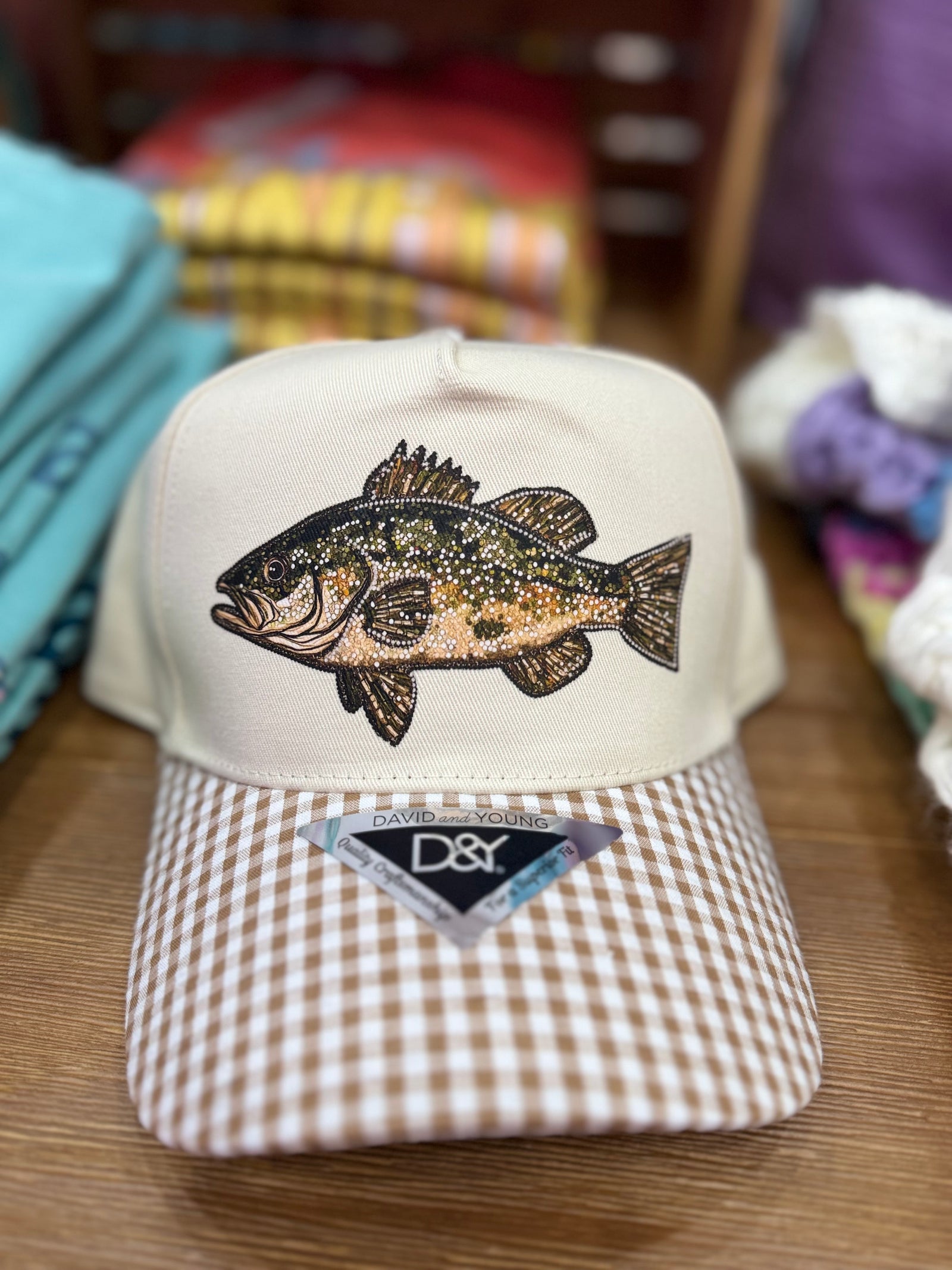 Rhinestone Bass Tan Gingham Trucker Hat