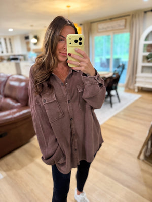 Sandi Stonewashed Oversized Knit Shacket - Brown