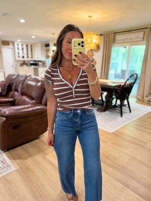 Teddi VNeck Striped Short Sleeve Top - Brown