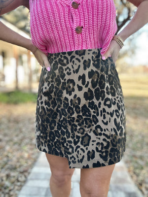 Drea Leopard Corduroy Wrap Mini Skirt