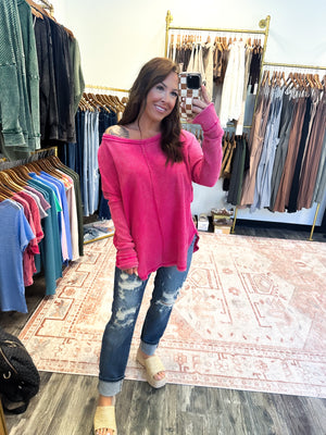 Devoted Darling Oversized Waffle Knit Top - Pink