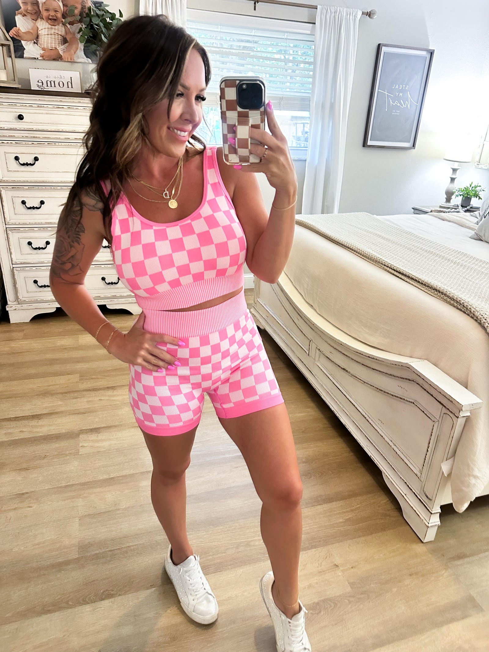 Checkmate Cropped Two Piece Set - Pink