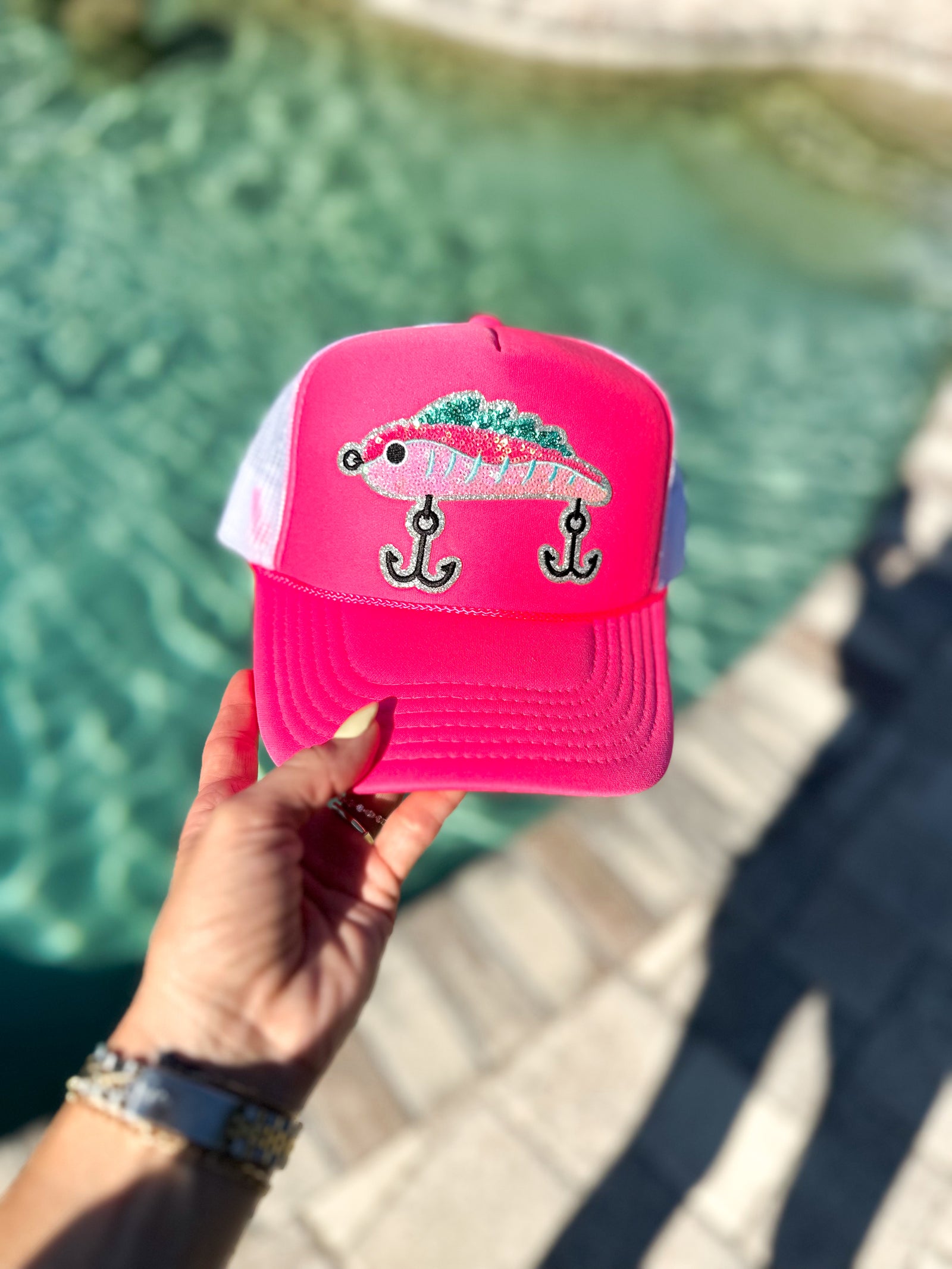 Pink Glitter Fish Jig Lure Sequin Patch Hat