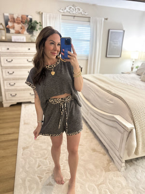 Hailey Leopard Trim Drawstring Shorts - Charcoal