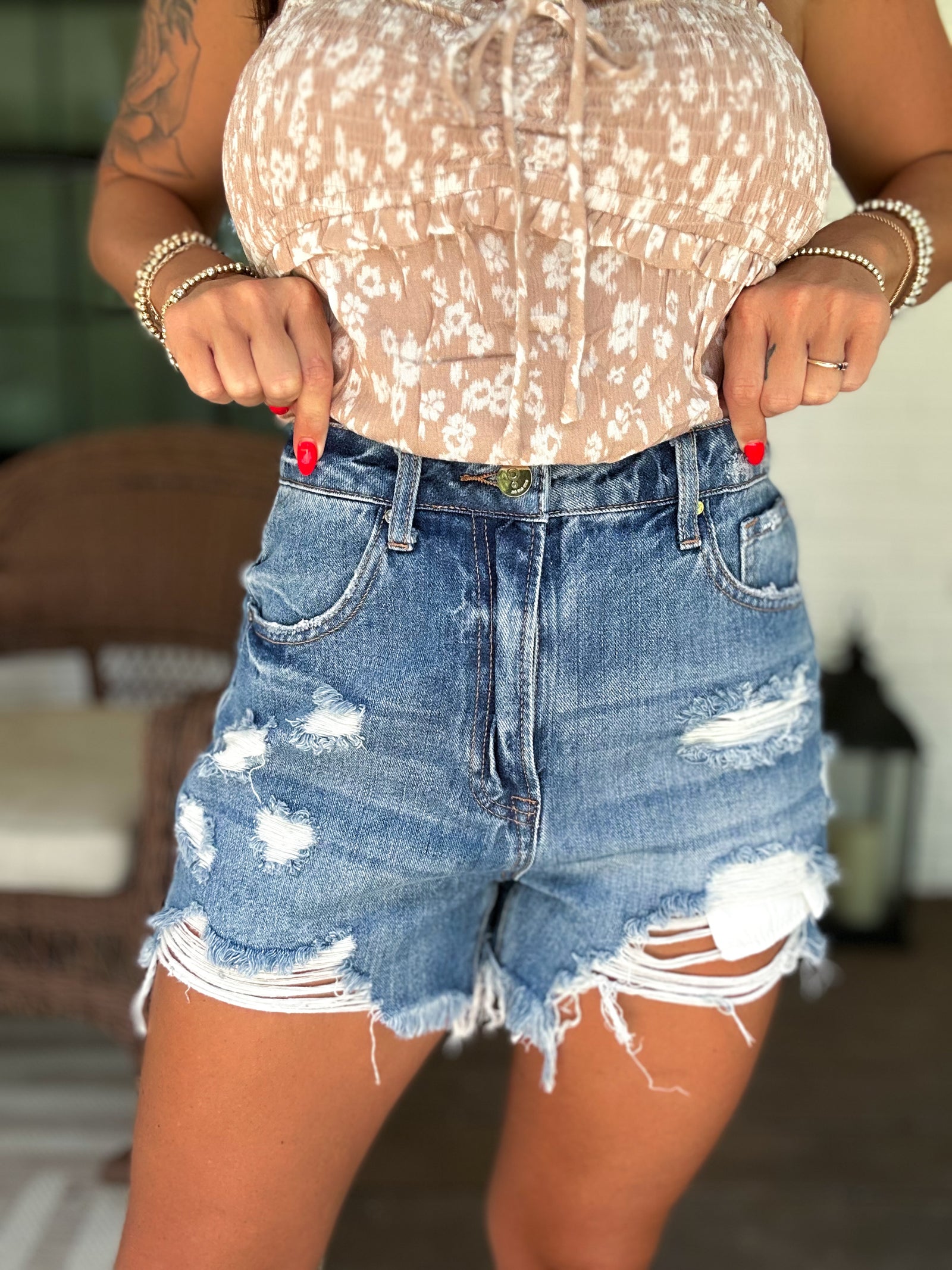 Kayden High Rise Distressed Denim Shorts
