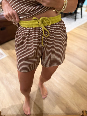 Nikki Striped Knit Shorts - Brown/Lime
