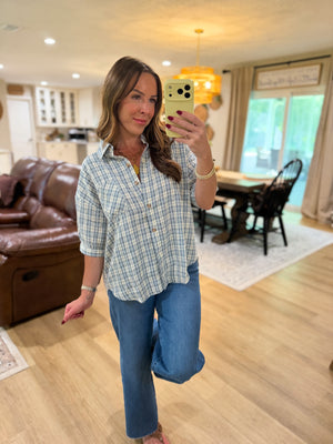 Rhodes Plaid Half Sleeve Collared Button Down Top