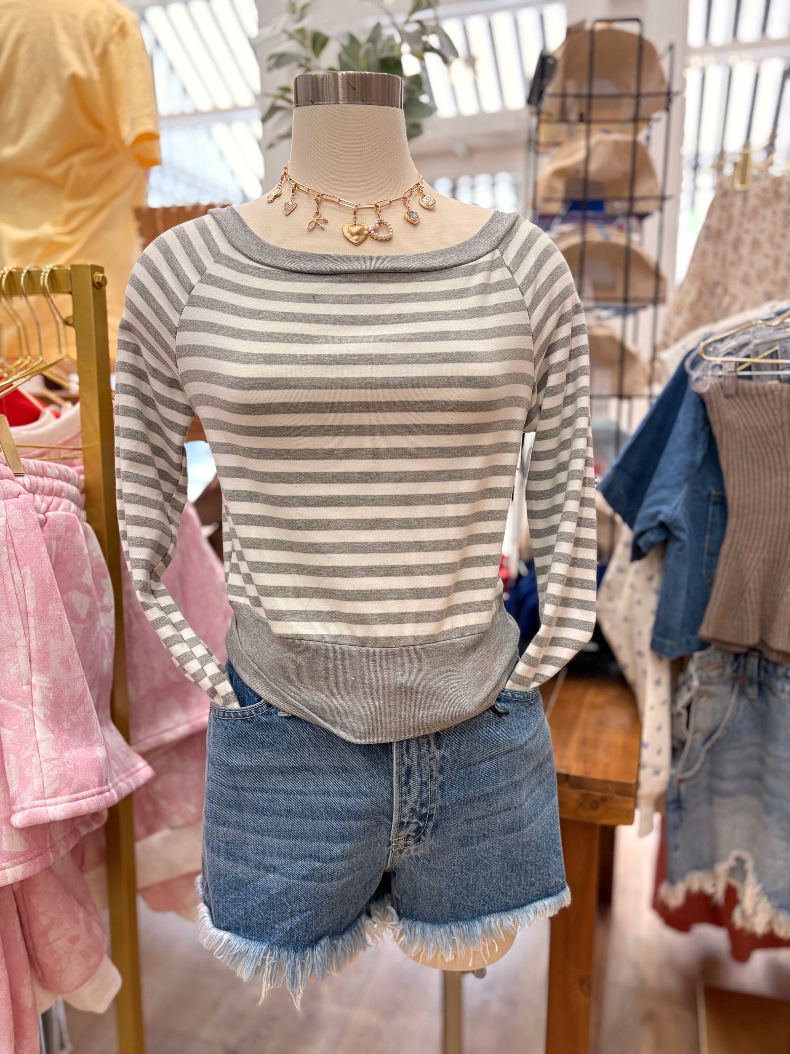 Maryann Off Shoulder Striped Knit Top - Gray