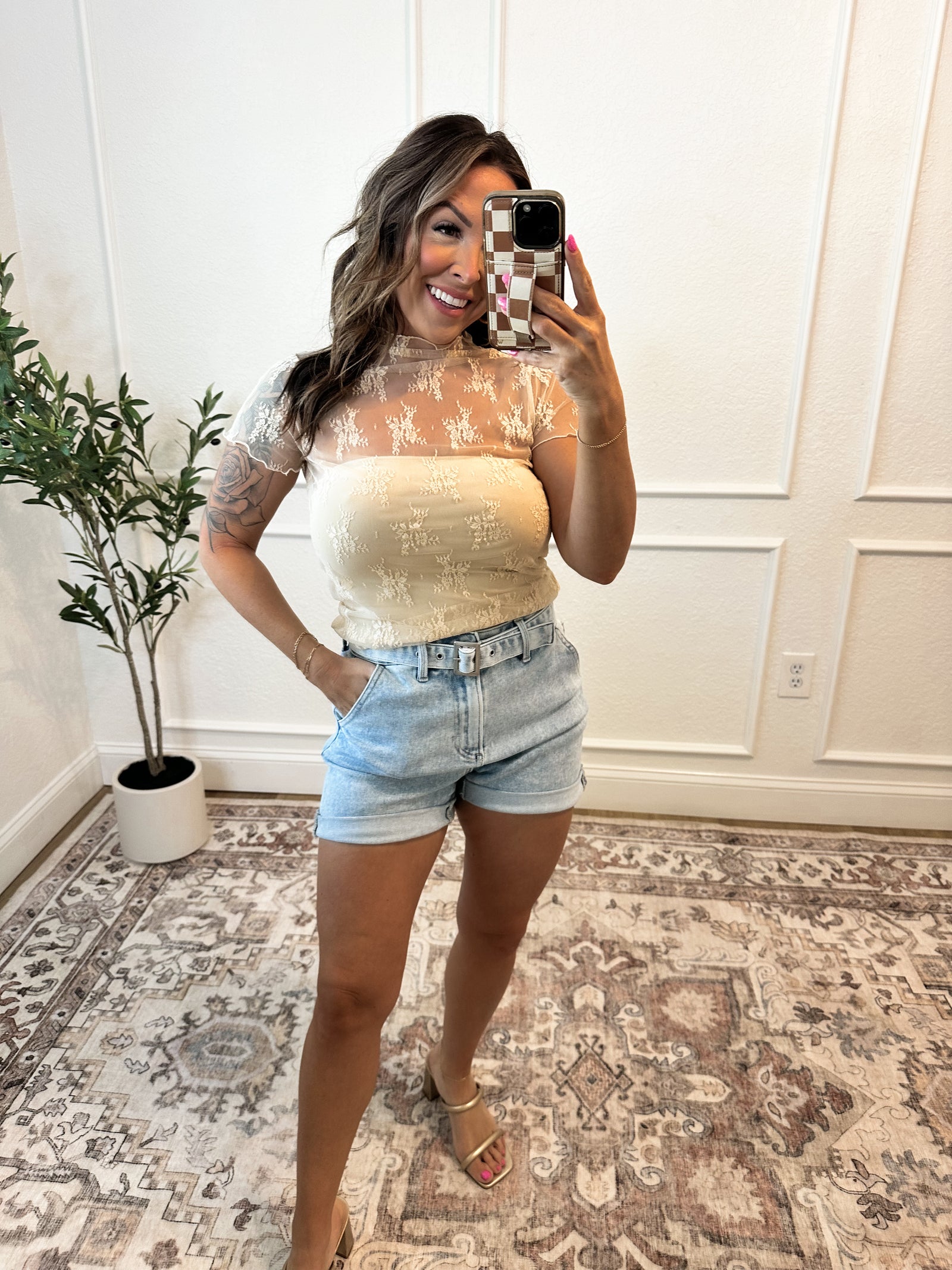 Simple Moments Mock Neck Lace Top - Nude