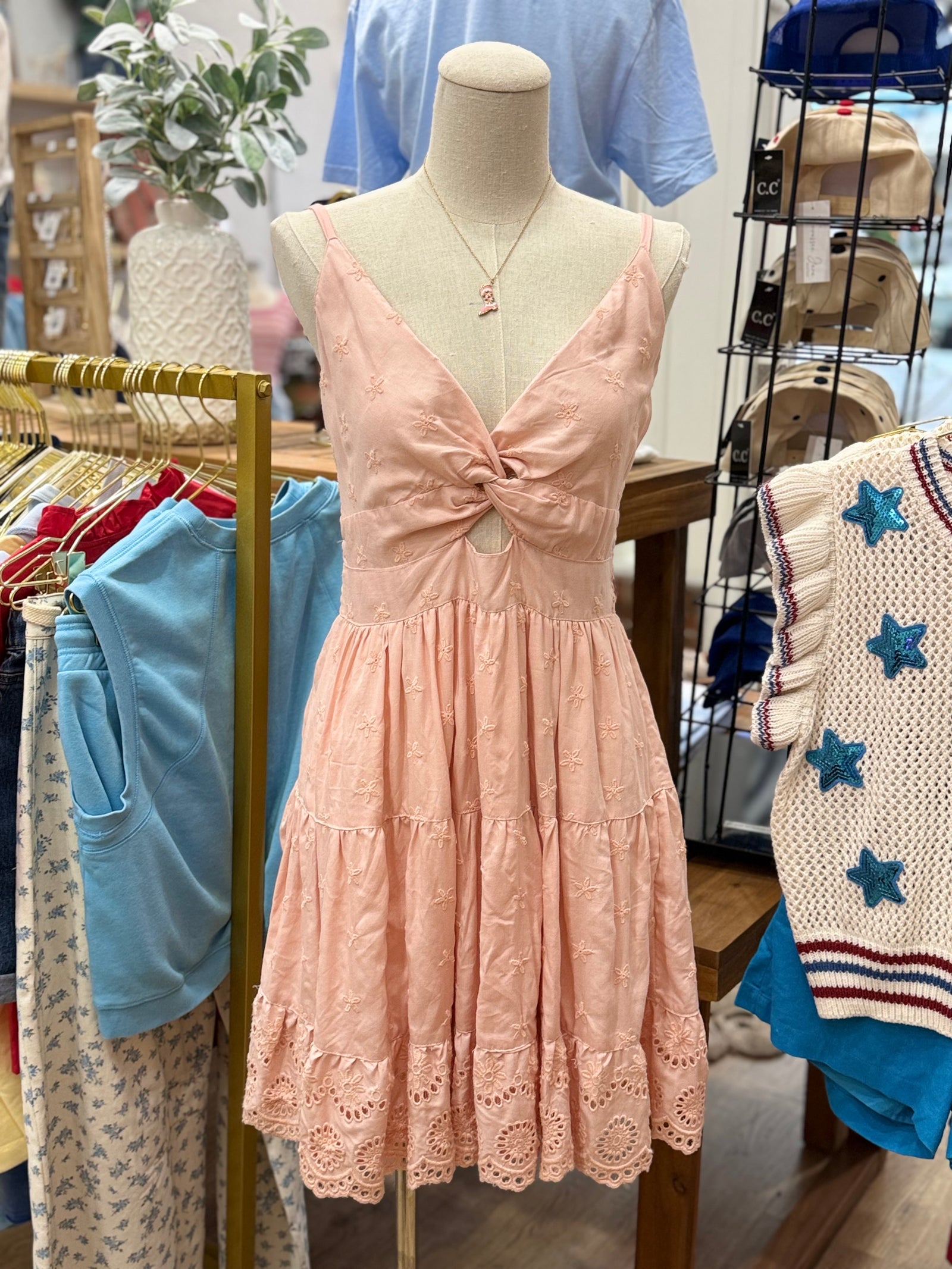 Move Along Keyhole Eyelet Dress - Pink