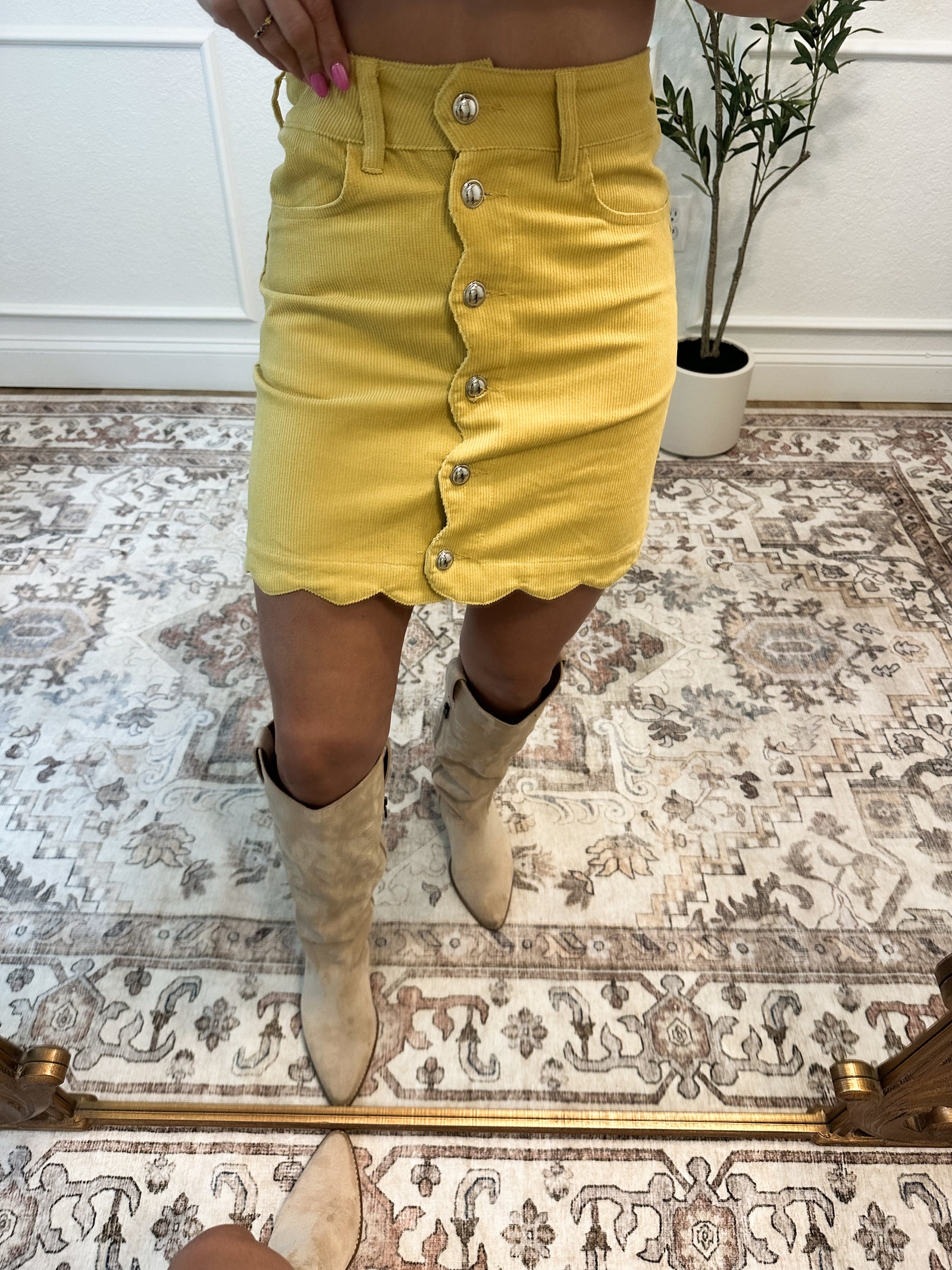 Sweet Escape Scalloped Corduroy Mini Skirt - Mustard