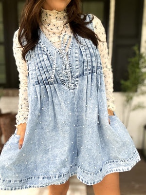 Alyssa Denim Pearl Romper - Denim - QUICK PREORDER