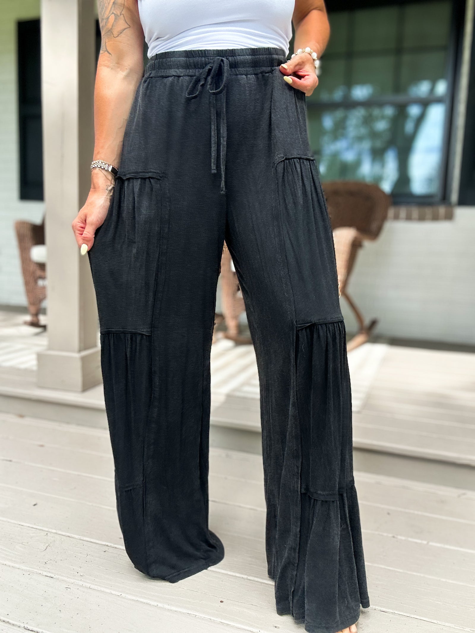 Arabella Mineral Washed Tiered Wide Leg - Black
