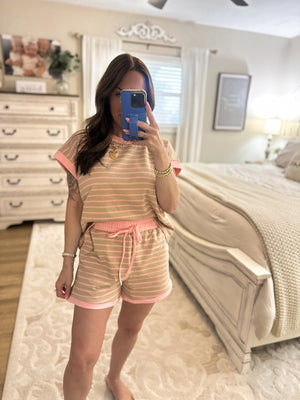 Tatum Striped Round Neck Top - Pink/Beige