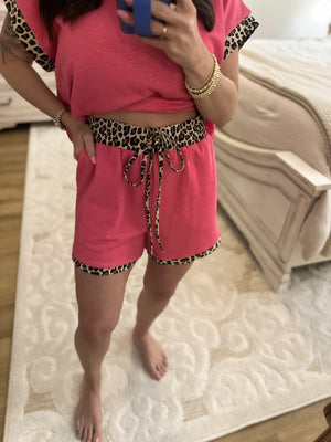 Hailey Leopard Trim Drawstring Shorts - Pink