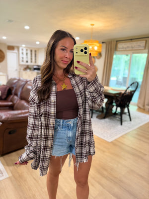 Sterling Plaid Collared Button Down Distressed Top - Brown