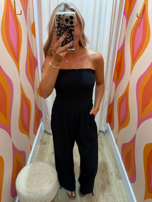 Britt Strapless Smocked Waist Jumpsuit