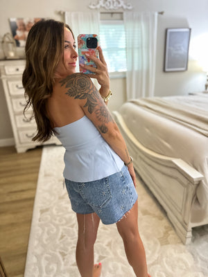 Kera Strapless Knit Peplum Top - Blue