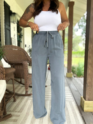 Brittani Tencel Wide Legged Linen Pants- Denim