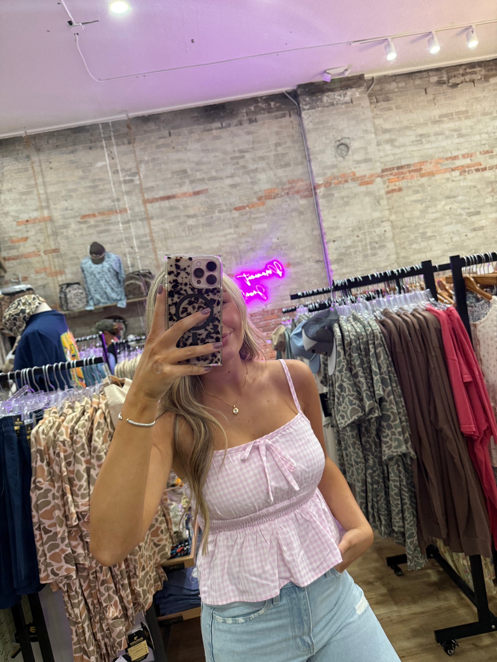 Kai Gingham Smocked Waist Cami Top - Pink