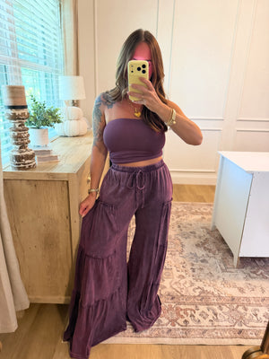Mason Mineral Washed Tiered Wide Leg Pants - Eggplant