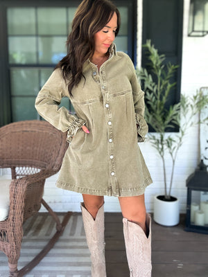 Millie Denim Button Down Dress - Olive