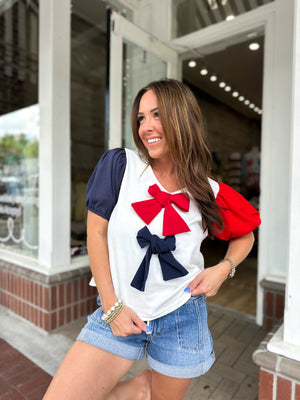 Little Miss USA Puff Sleeve Bow Detail Top