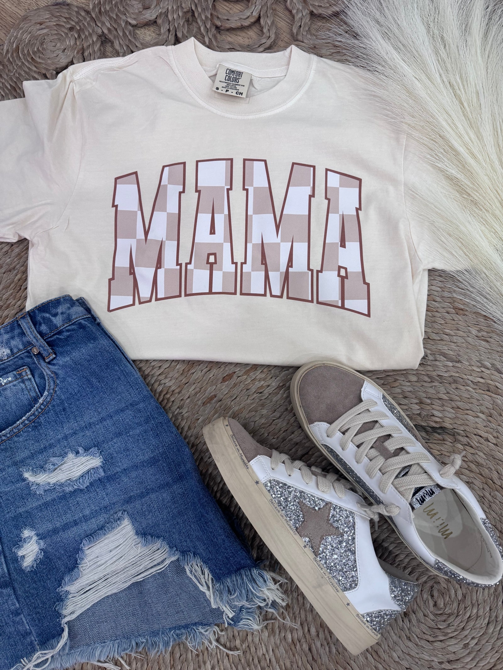 Beige Checkered Mama Comfort Color Tee