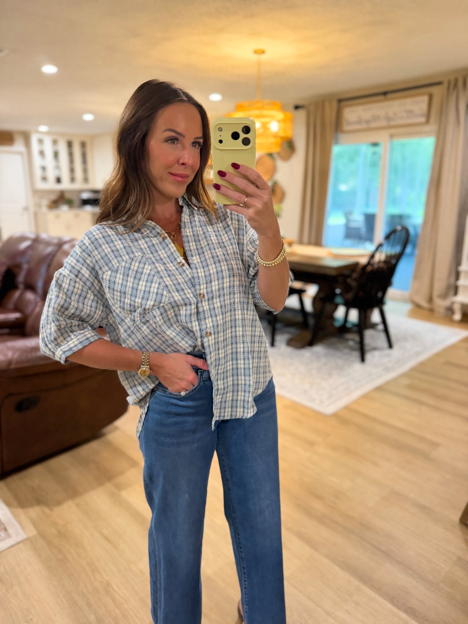 Rhodes Plaid Half Sleeve Collared Button Down Top