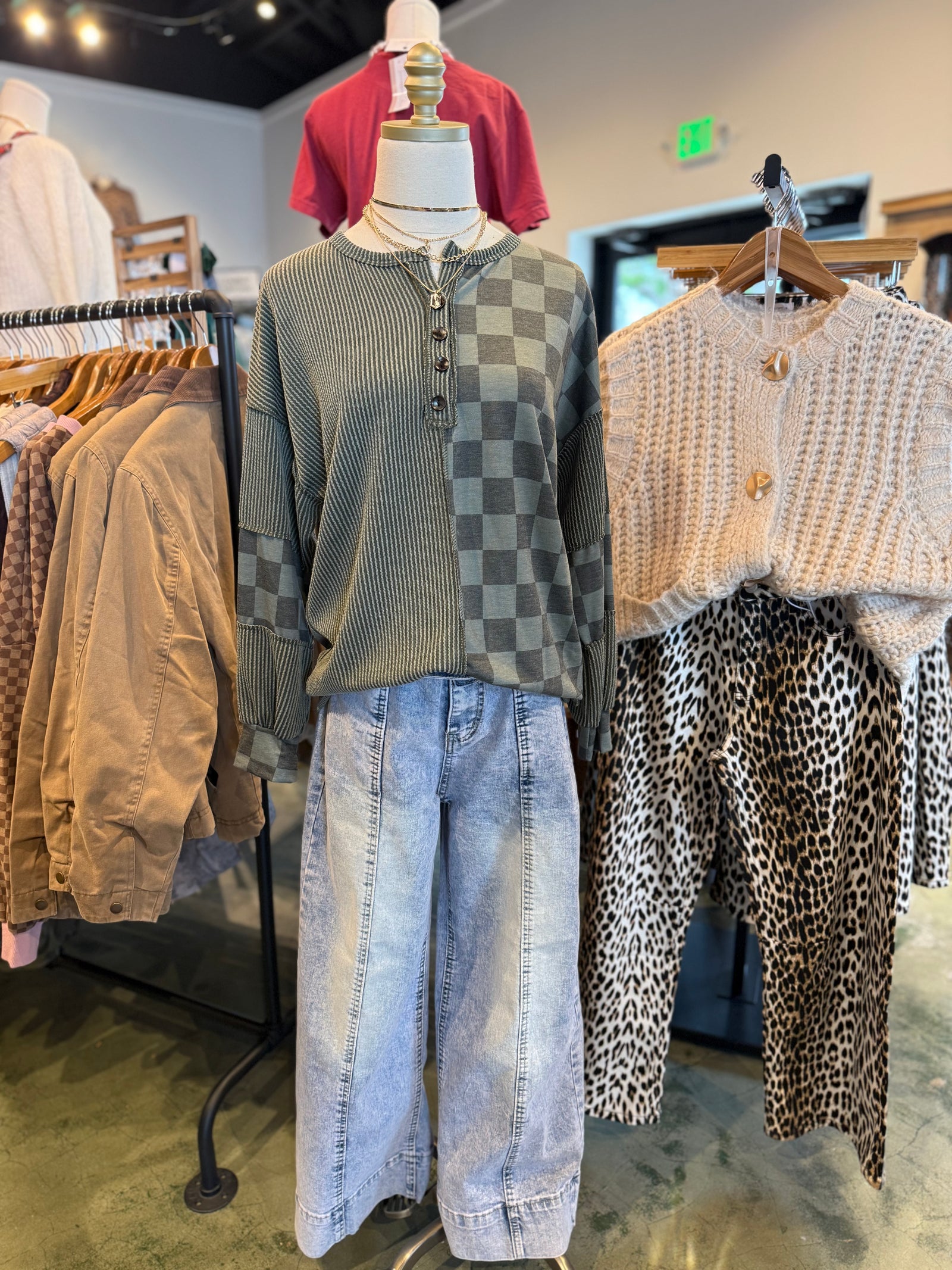 Angela Army Green Checkered Patchwork Top