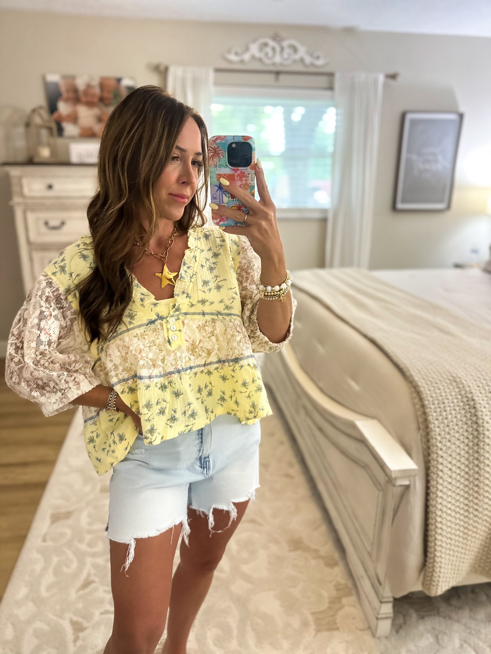 Carlie Lace Patch Ruffle Vneck Top