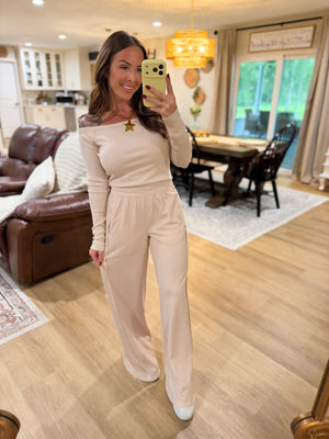 Skye Off Shoulder Ribbed Crop Top - Taupe