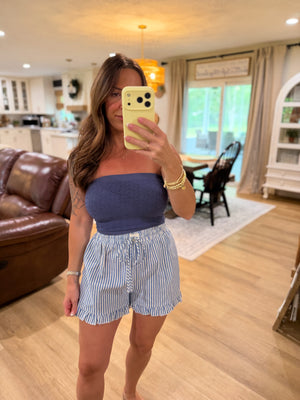Landyn Striped Cotton Ruffle Shorts - Blue