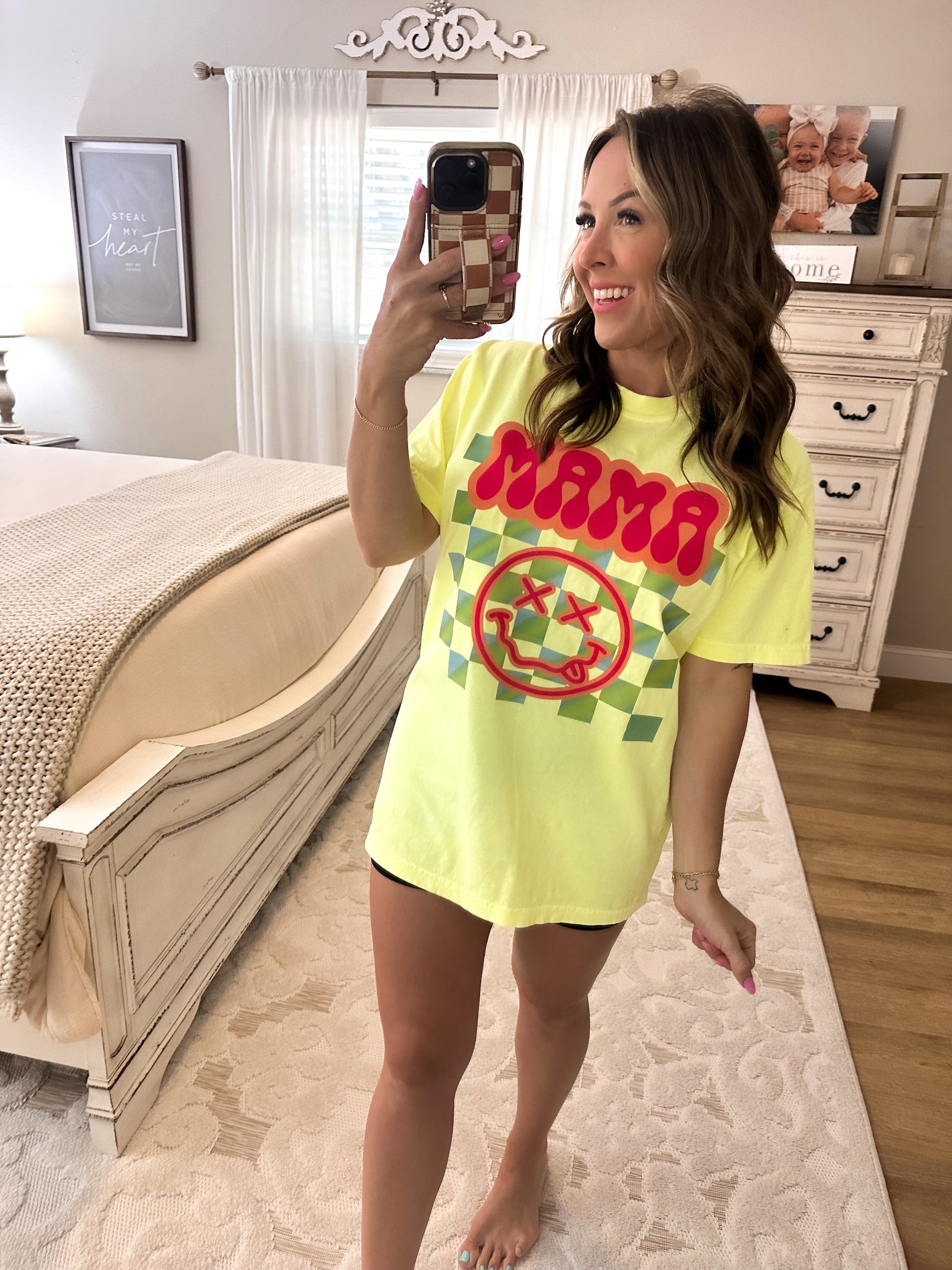 Mama Checkered Smiley Comfort Colors Tee - Neon Yellow