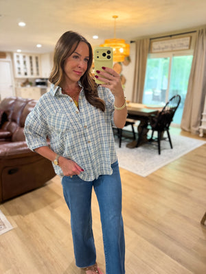 Rhodes Plaid Half Sleeve Collared Button Down Top