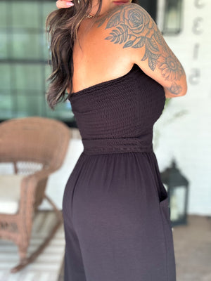 Little Too Late Smocked Jumpsuit - Black