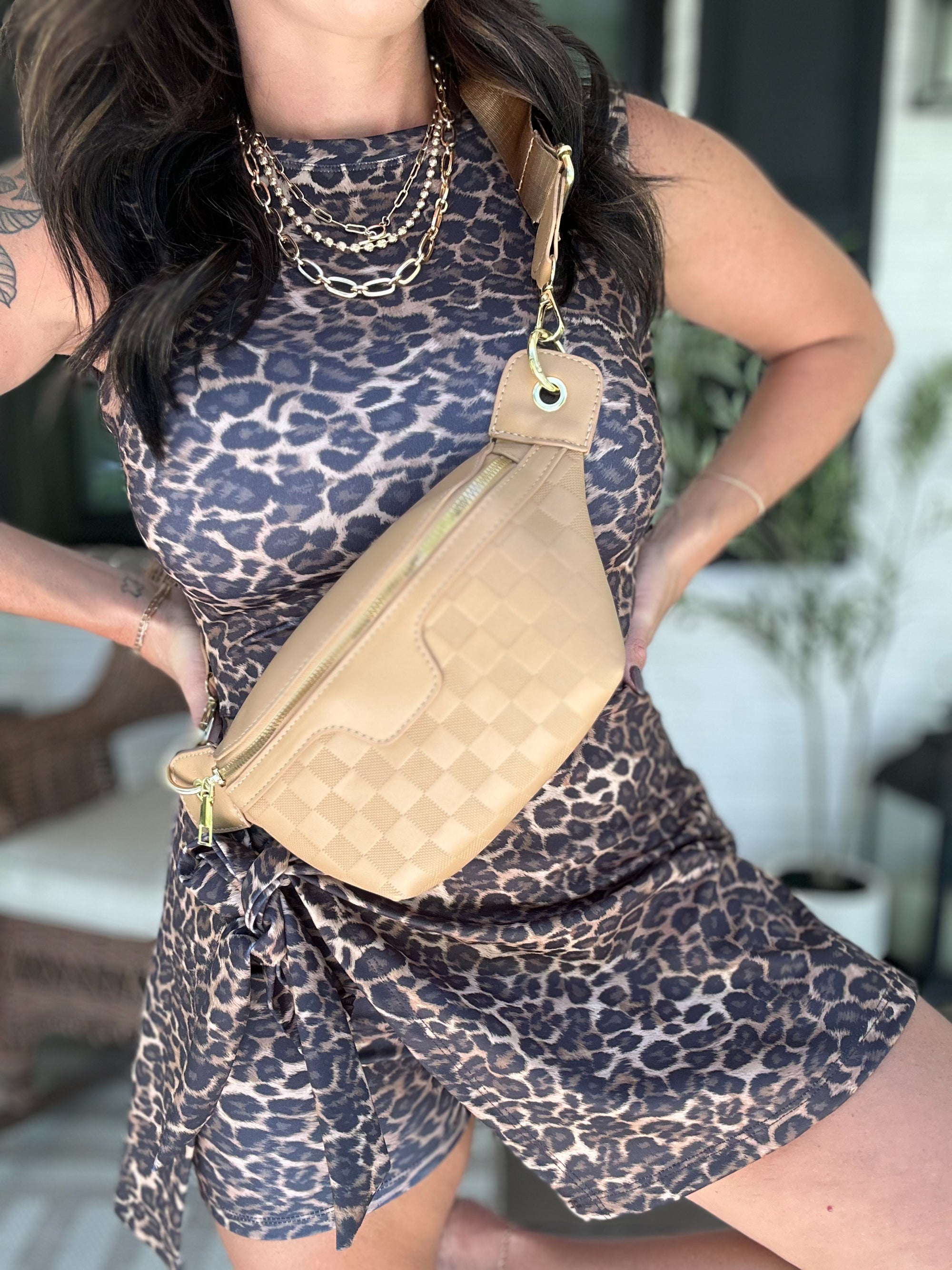Checkered Cross Body Bum Bag - Tan