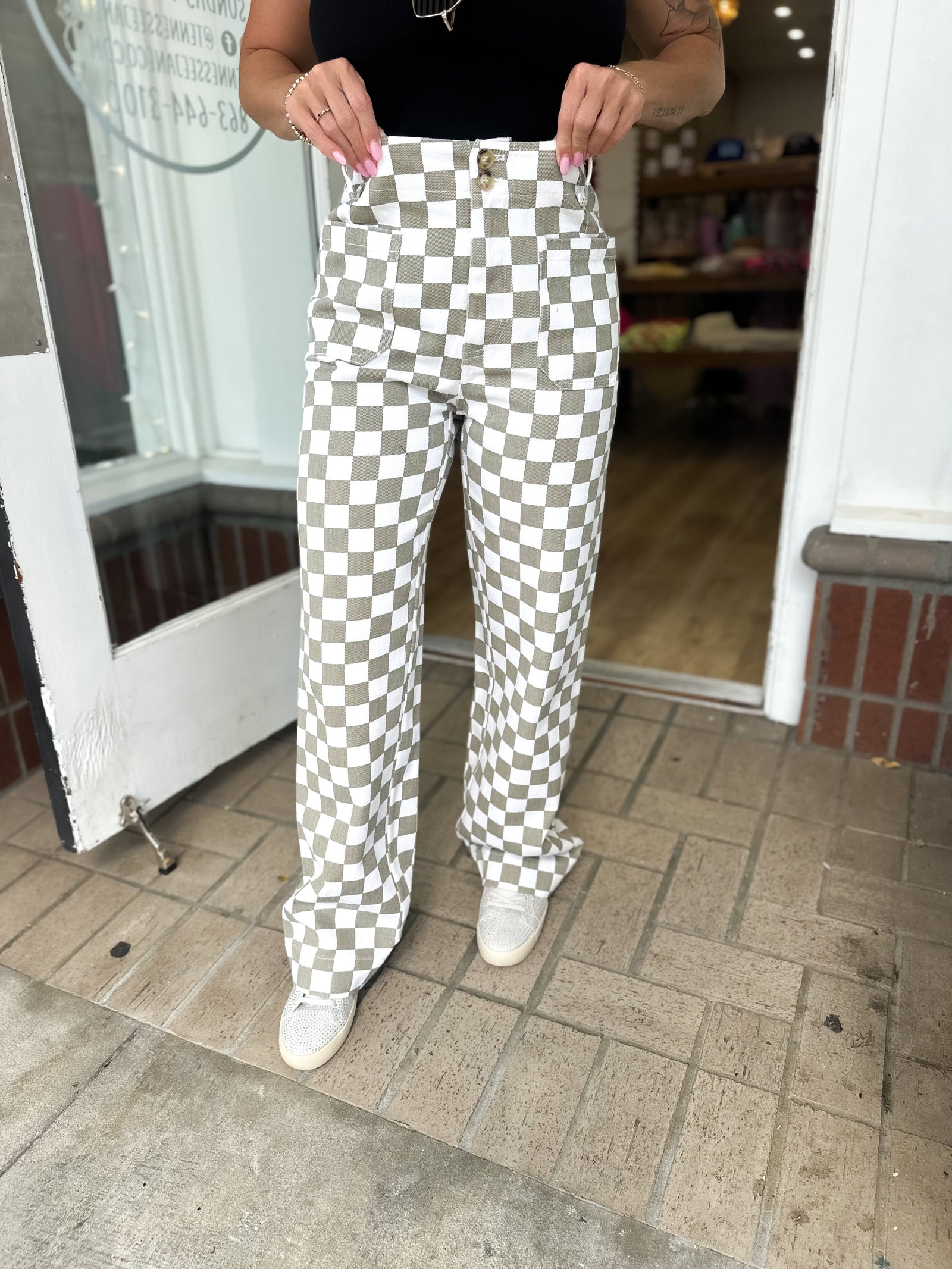 Demi Wide Leg Checkered Jeans - Taupe