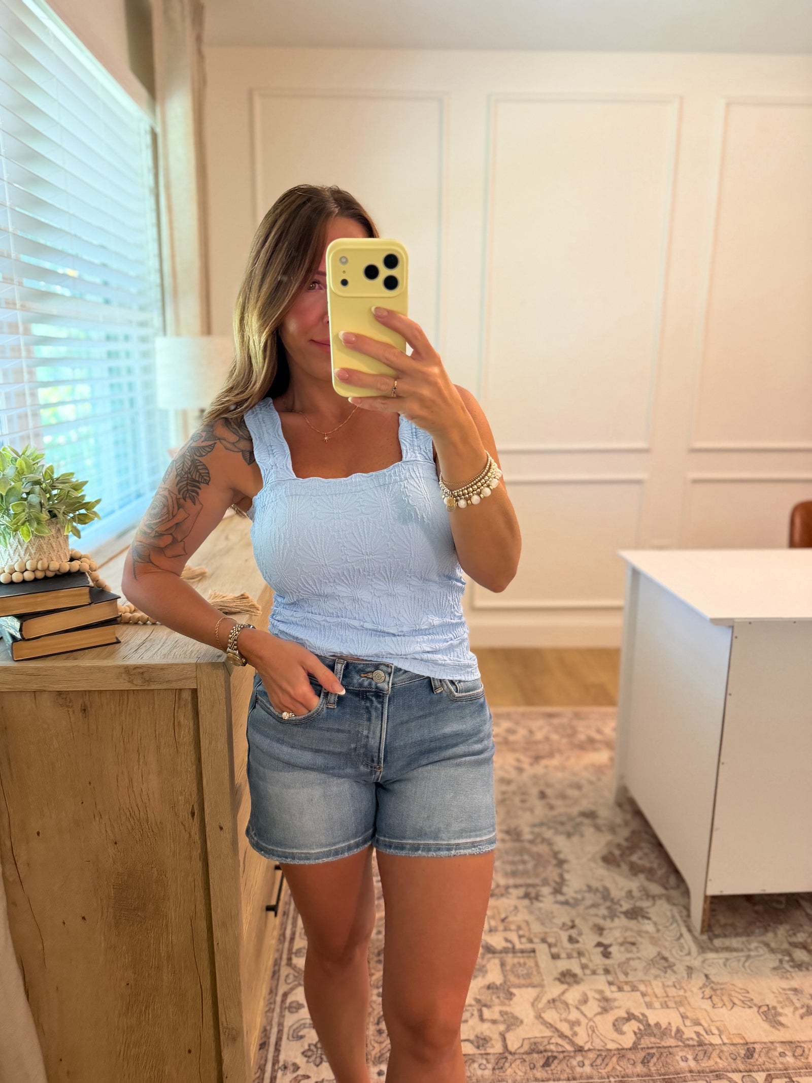 Clara Lace Textured Square Top - Baby Blue
