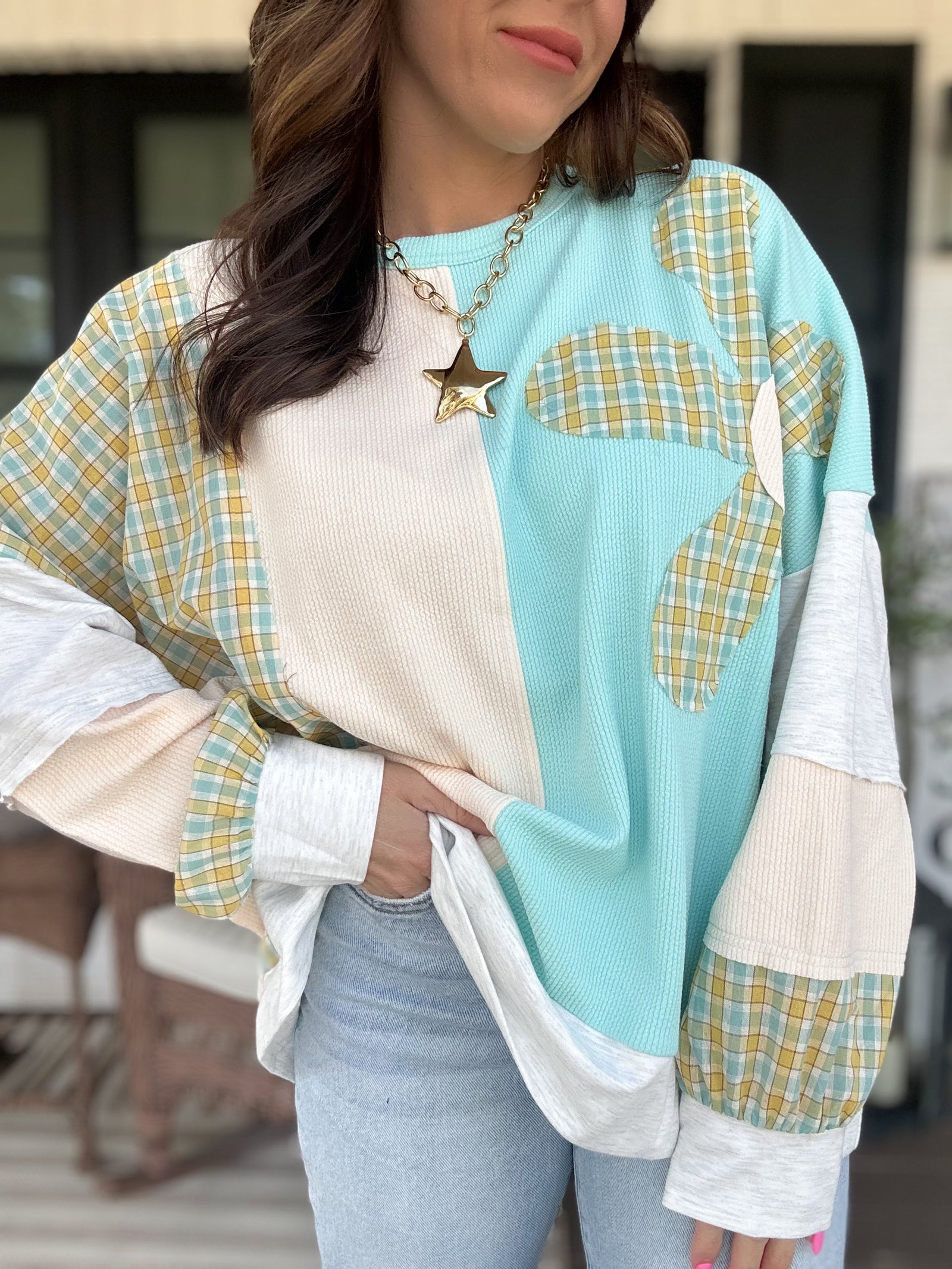 Drue Flower Patch Long Sleeve Sweater - Aqua
