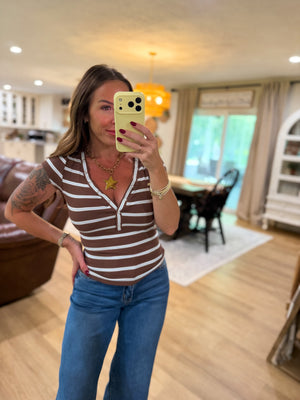 Teddi VNeck Striped Short Sleeve Top - Brown
