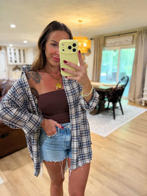 Sterling Plaid Collared Button Down Distressed Top - Blue