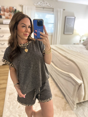 Hailey Leopard Trim Round Neck Top - Charcoal